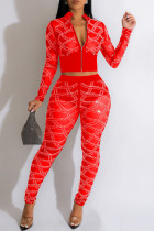 Red Sexy Patchwork Hot Drilling See-through Zipper Collar Long Sleeve Two Pieces
