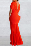 Red Casual Solid Patchwork Backless V Neck Long Dress Dresses