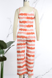 Orange Casual Striped Print Bandage Backless U Neck Regular Jumpsuits