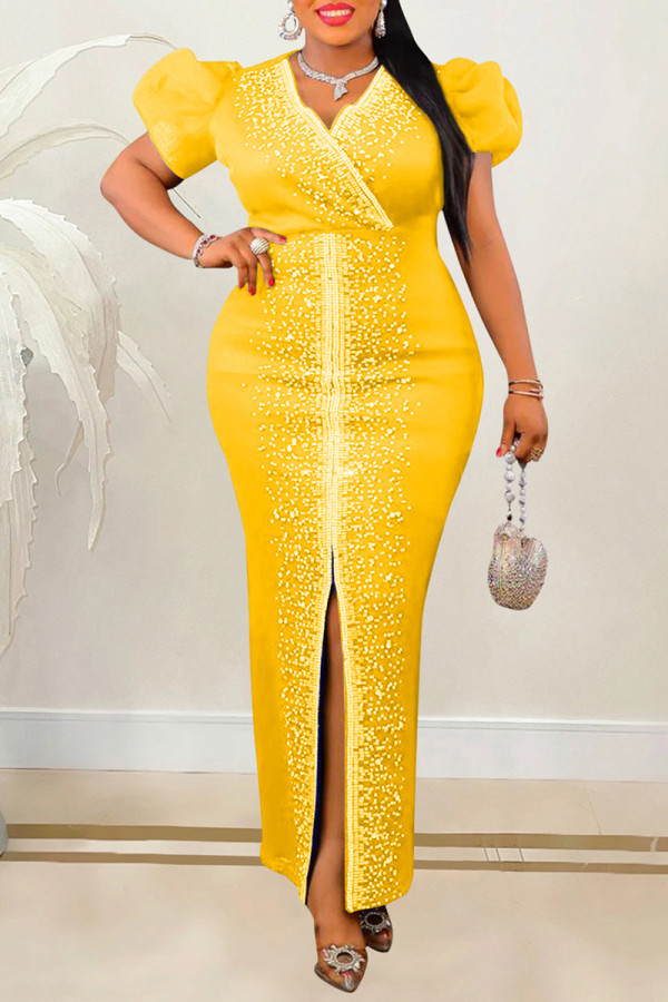 Yellow Casual Patchwork Hot Drilling Slit V Neck Long Dress Dresses