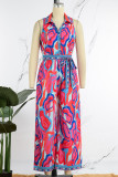 Rose Red Casual Print Patchwork Frenulum Turndown Collar Loose Jumpsuits(With Belt)