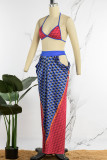 Blue Sexy Print Bandage Hollowed Out Patchwork Backless Halter Sleeveless Two Pieces