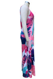 Leaf Print Sweet Print Floral Patchwork Backless Spaghetti Strap A Line Dresses