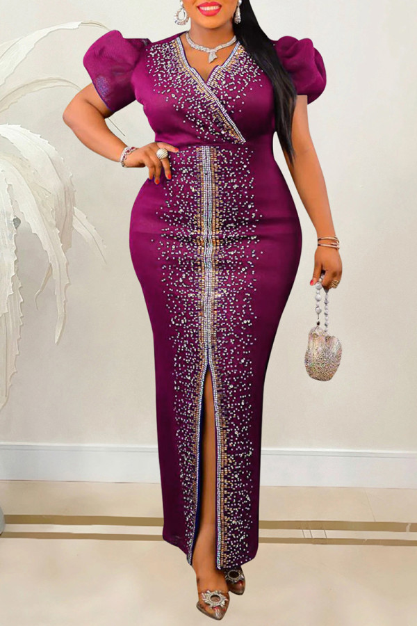 Purple Casual Patchwork Hot Drilling Slit V Neck Long Dress Dresses