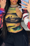 Multicolor Street Print Hollowed Out Patchwork O Neck High Waist Tops
