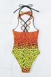 Orange Sexy Print Leopard Bandage Hollowed Out Backless Swimwears (With Paddings)