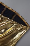 Gold Sexy Solid Patchwork Backless Strapless Sleeveless Two Pieces