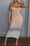 Pink Sexy Striped Bandage Backless Contrast Spaghetti Strap Dresses