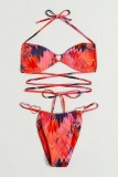 Rose Red Sexy Print Bandage Backless Swimwears (With Paddings)