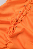 Orange Red Sexy Casual Solid Hollowed Out Fold O Neck Sleeveless Dress Dresses