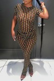 Black Sexy Dot Print See-through O Neck Short Sleeve Two Pieces