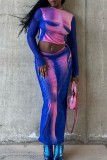 Powder Blue Sexy Casual Print See-through O Neck Long Sleeve Two Pieces