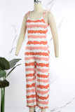 Orange Casual Striped Print Bandage Backless U Neck Regular Jumpsuits