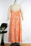Orange Casual Vacation Basis Print Printing Spaghetti Strap Dresses