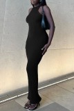 Coffee Sexy Casual Solid Basic O Neck Long Dress Dresses