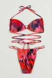 Rose Red Sexy Print Bandage Backless Swimwears (With Paddings)