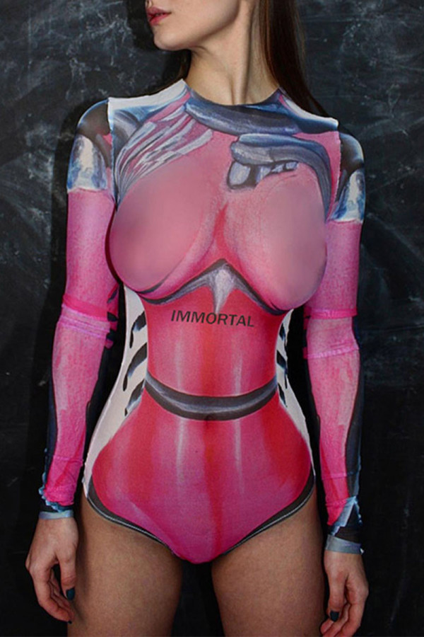 Pink Sexy Letter Patchwork Mesh O Neck Skinny Bodysuits
