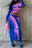Powder Blue Sexy Casual Print See-through O Neck Long Sleeve Two Pieces