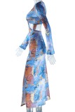 Blue Sexy Print Hollowed Out V Neck Long Sleeve Dresses
