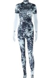 Black Casual Print Backless Half A Turtleneck Skinny Jumpsuits
