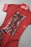 Red Sexy Print Patchwork Half A Turtleneck Skinny Jumpsuits