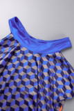 Blue Sexy Print Bandage Hollowed Out Patchwork Backless Halter Sleeveless Two Pieces