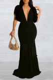 Red Casual Solid Patchwork Backless V Neck Long Dress Dresses