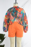 Red Casual Vacation Print Slit Fold Contrast Mandarin Collar Long Sleeve Two Pieces