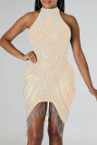 Red Sexy Patchwork Hot Drilling Tassel Half A Turtleneck Sleeveless Dress Dresses