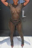 Black Sexy Dot Print See-through O Neck Short Sleeve Two Pieces