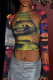 Multicolor Street Print Hollowed Out Patchwork O Neck High Waist Tops