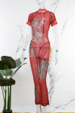 Red Sexy Print Patchwork Half A Turtleneck Skinny Jumpsuits
