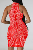 Red Sexy Patchwork Hot Drilling Tassel Half A Turtleneck Sleeveless Dress Dresses