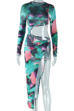 Green Street Print Hollowed Out Patchwork High Opening O Neck Irregular Dress Dresses