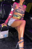 Multicolor Street Print Hollowed Out Patchwork O Neck High Waist Tops