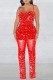 Red Sexy Patchwork Hot Drilling Backless Spaghetti Strap Skinny Jumpsuits (Subject To The Actual Object)