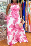 Pink Casual Vacation Simplicity Floral Vests Printing Square Collar Straight Jumpsuits