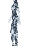 Black Casual Print Backless Half A Turtleneck Skinny Jumpsuits