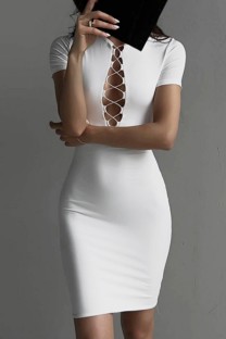 White Casual Solid Hollowed Out O Neck Short Sleeve Dress