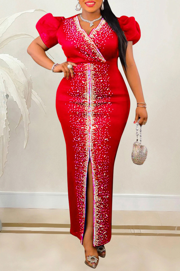 Red Casual Patchwork Hot Drilling Slit V Neck Long Dress Dresses