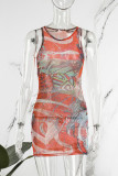 Orange Sexy Print Basic O Neck Vest Dress Dresses