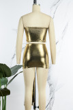 Gold Sexy Solid Patchwork Backless Strapless Sleeveless Two Pieces