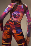 Multicolor Street Print Hollowed Out Patchwork O Neck High Waist Tops