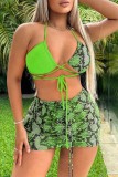 Fluorescent Green Sexy Print Bandage Backless Swimsuit Three Piece Set (With Paddings)