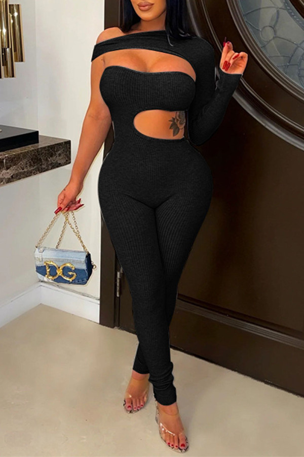 Black Sexy Solid Hollowed Out Patchwork Oblique Collar Skinny Jumpsuits