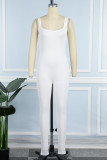 Khaki Casual Sportswear Solid Patchwork U Neck Skinny Jumpsuits
