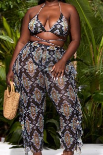 Black Sexy Print Bandage Backless Halter Plus Size Swimsuit Three Piece Set (With Paddings)