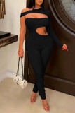 Grey Sexy Solid Hollowed Out Patchwork Oblique Collar Skinny Jumpsuits