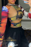 Multicolor Street Print Hollowed Out Patchwork O Neck High Waist Tops
