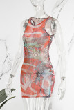 Orange Sexy Print Basic O Neck Vest Dress Dresses